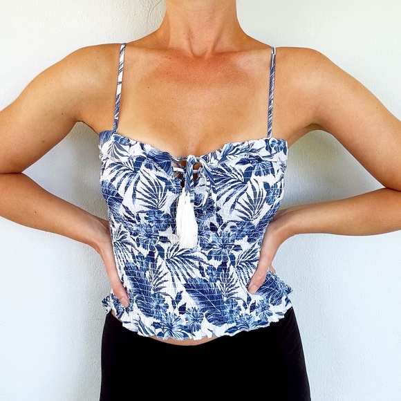 Ocean Drive blue tropical smocked lace up tassel ruffle neckline tank top small - Picture 1 of 8